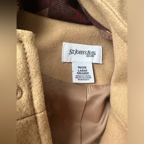 NWT St. John’s Bay Tan Wool Cashmere Blend Zip Toggle Jacket Coat Petite Large - Picture 2 of 8